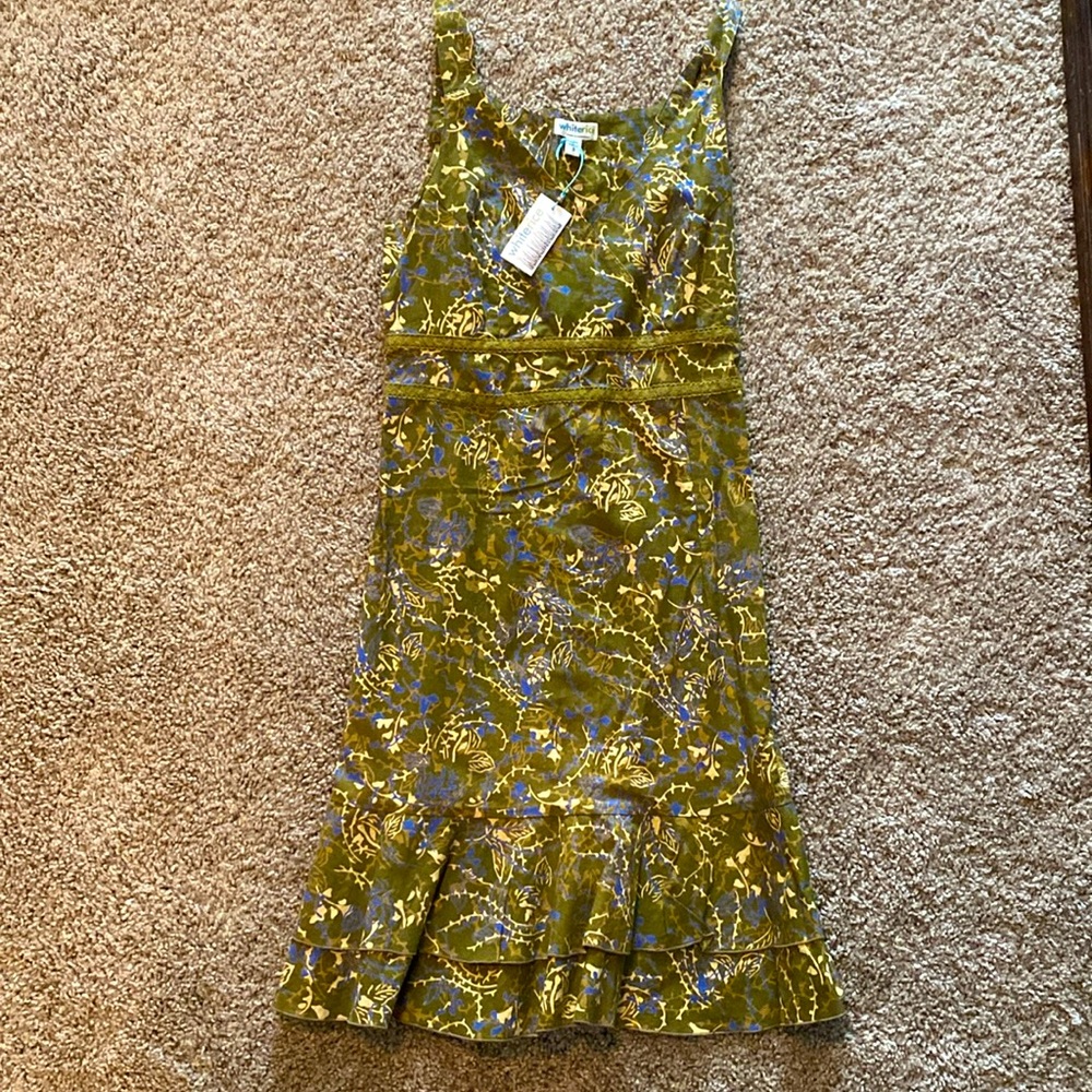 NEVER WORN White Rice dress. Olive green with subtle floral accents. Small.